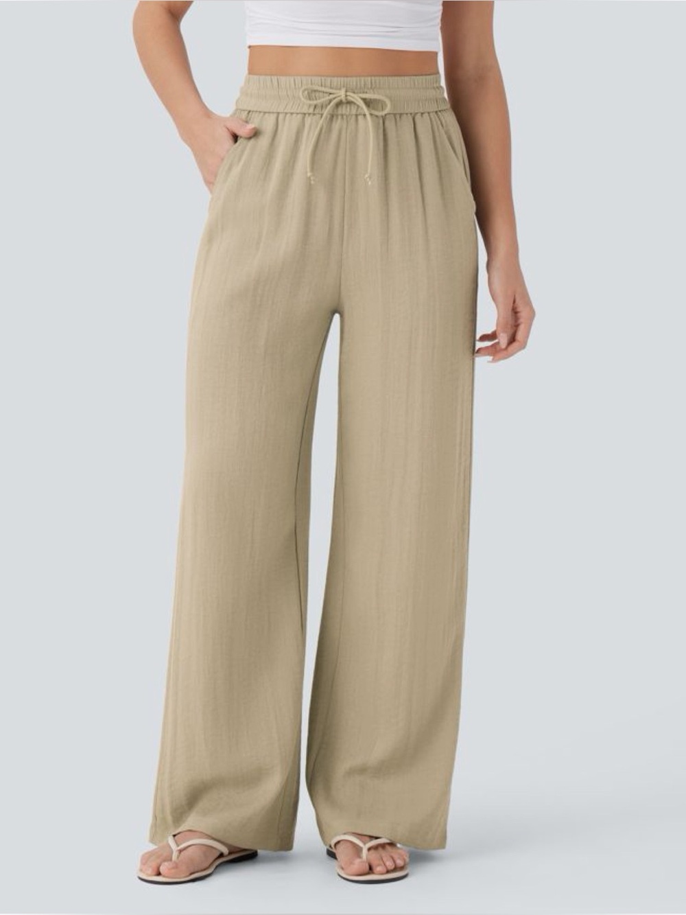 NWT Halara High Waisted Drawstring Pocket Wide Leg Baggy Casual Linen-Feel Pants